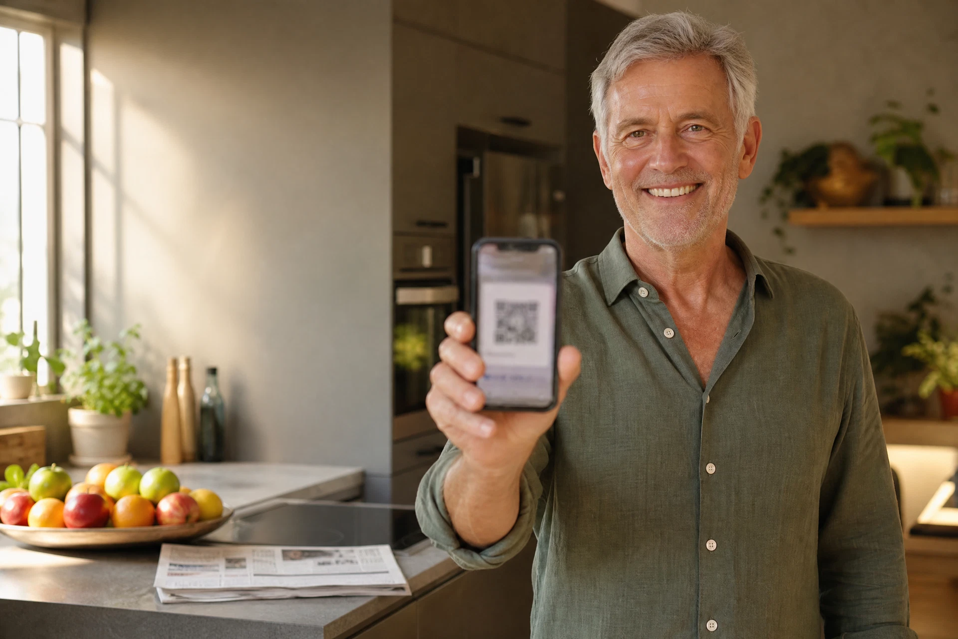 Mann scannt einen QR-Code mit seinem Smartphone in der Küche