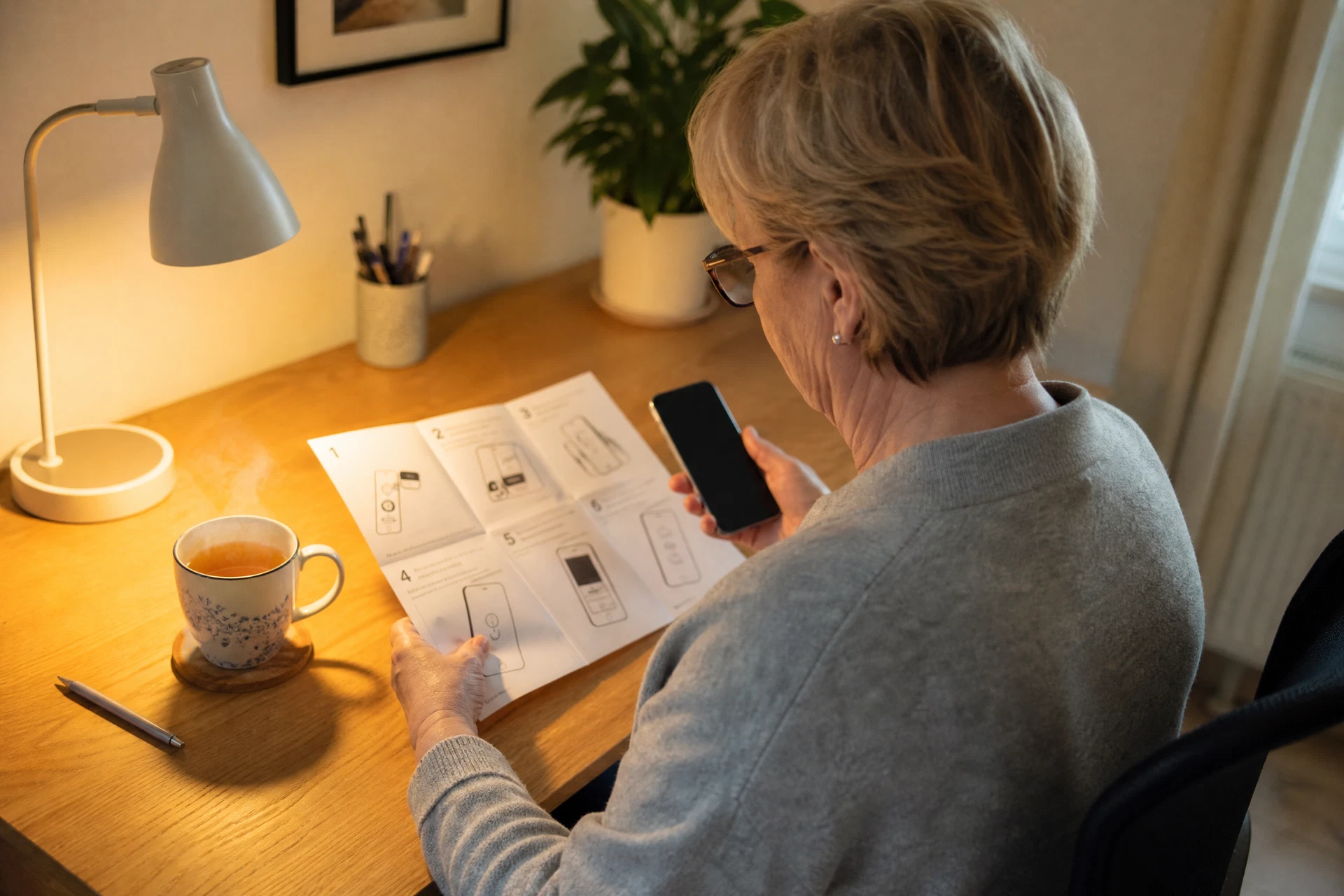 Frau folgt einer Schritt-für-Schritt-Anleitung für ihr Smartphone